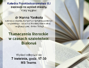 Plakat z zaproszeniem na wykład - napis na tle otwartych książek